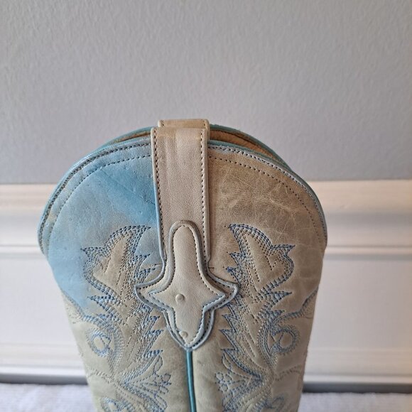 Mens Ostrich Imitation Western Rodeo Leather Boots white and‎ Blue Size 3.5 - Picture 5 of 16